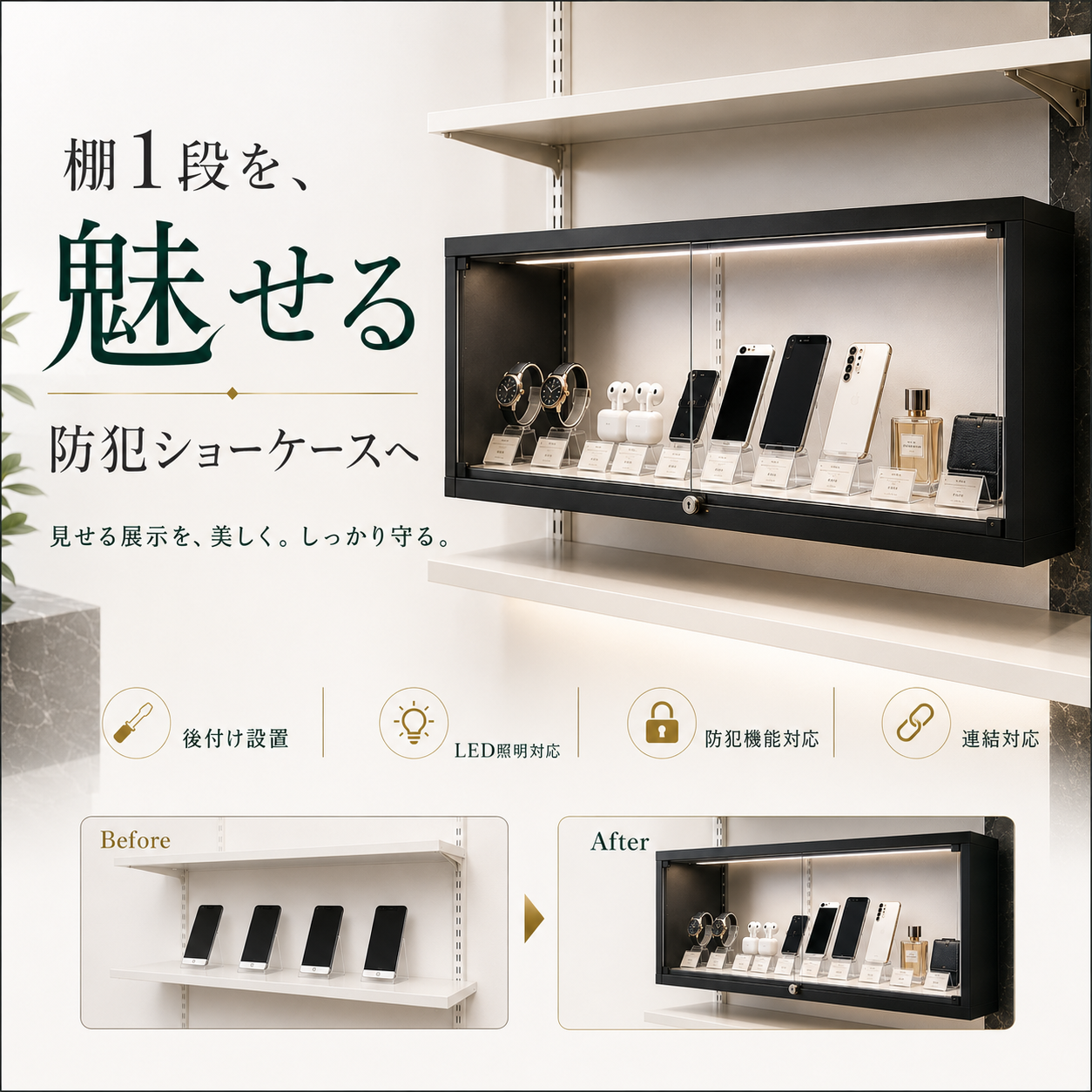 既存什器を1段だけショーケース化｜高級品展示・盗難対策に｜杏林社
