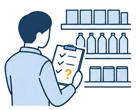 棚卸しの確認表を持ち、数が合わず首をかしげる店員のイラスト