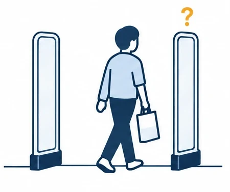 防犯ゲートの間を、買い物袋を持った人が通り抜けるイラスト