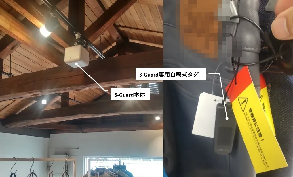 天井のレールから吊るした本体と、デニムに付いた専用タグの実例